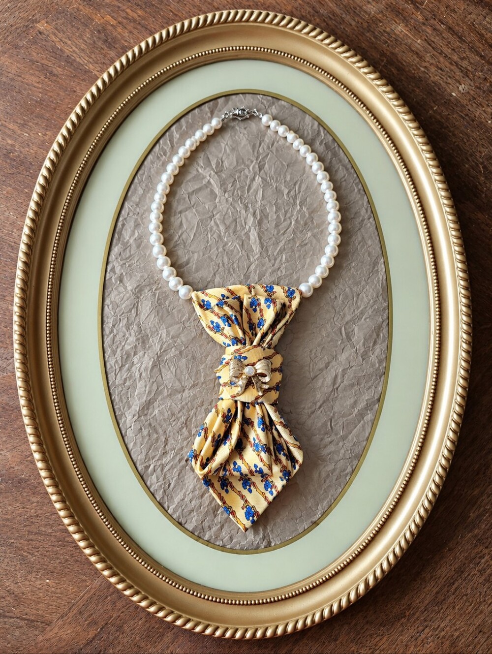 Pandora Vintage Floral Silk Tiel Necklace Yellow & Blue With Vintage Bow Brooch
